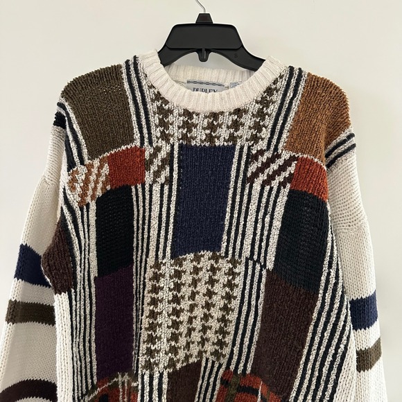 Vintage 90s Patchwork Sweater Mens Medium Multicolor Grandpa Retro Geometric - Picture 2 of 11